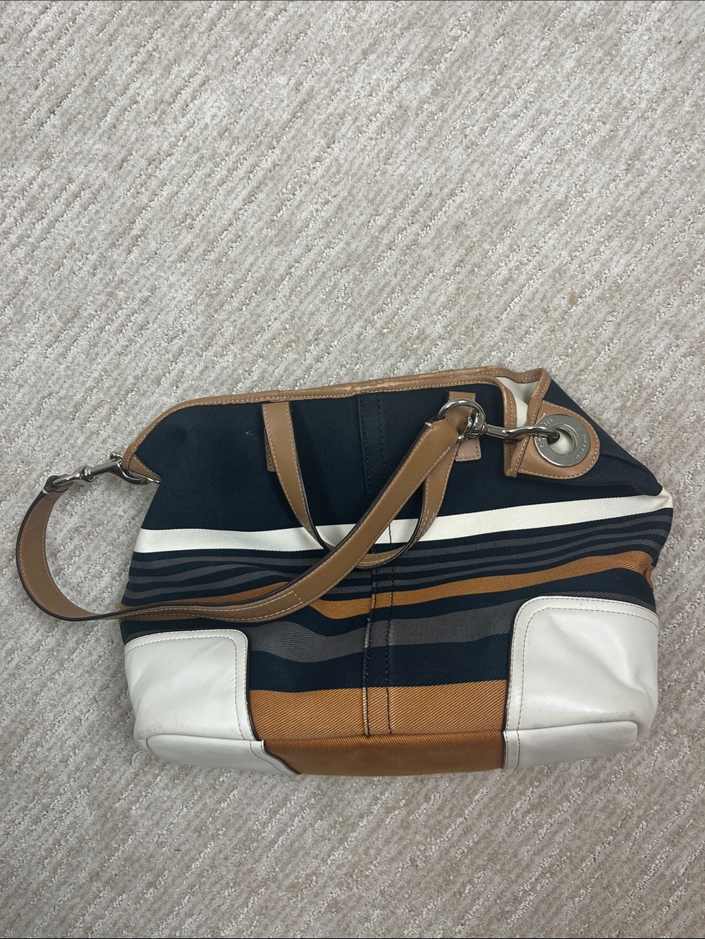 Coach Hadley Canvas Leather Duffle Tote F30302 Black w/Stripes Silver Hardware